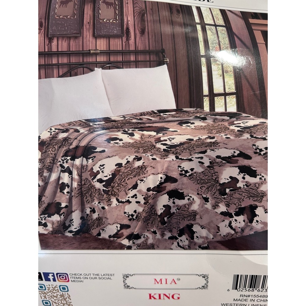 MIA Blanket  King Brown Cow Print Floral Western Fleece Bedding New Cowgirl